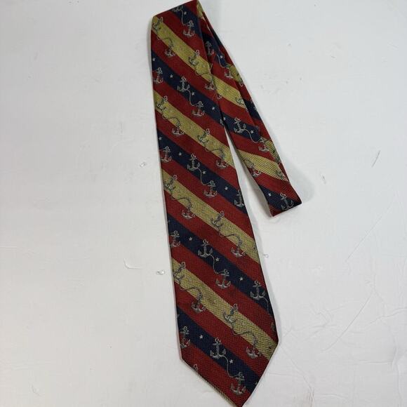 100% SILK TIE Tommy Hilfiger Red, Navy & Yellow‎ Stripe Hilfiger Anchor Logo - Picture 1 of 3